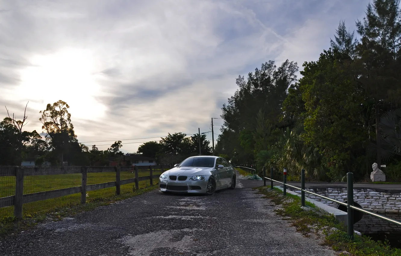 Photo wallpaper road, the sky, clouds, bmw, BMW, the evening, silver, the fence