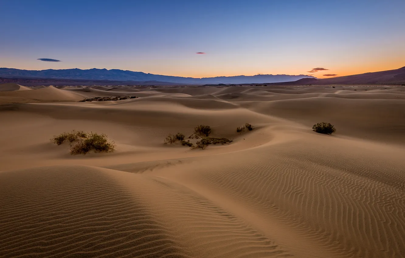 Photo wallpaper desert, mountain, sand, sunrise, dawn, dunes