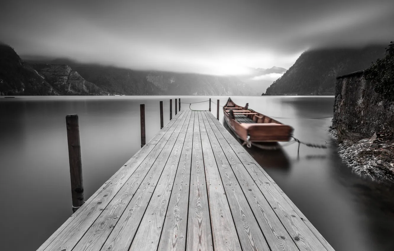 Photo wallpaper mountains, lake, boat, pier, the bridge