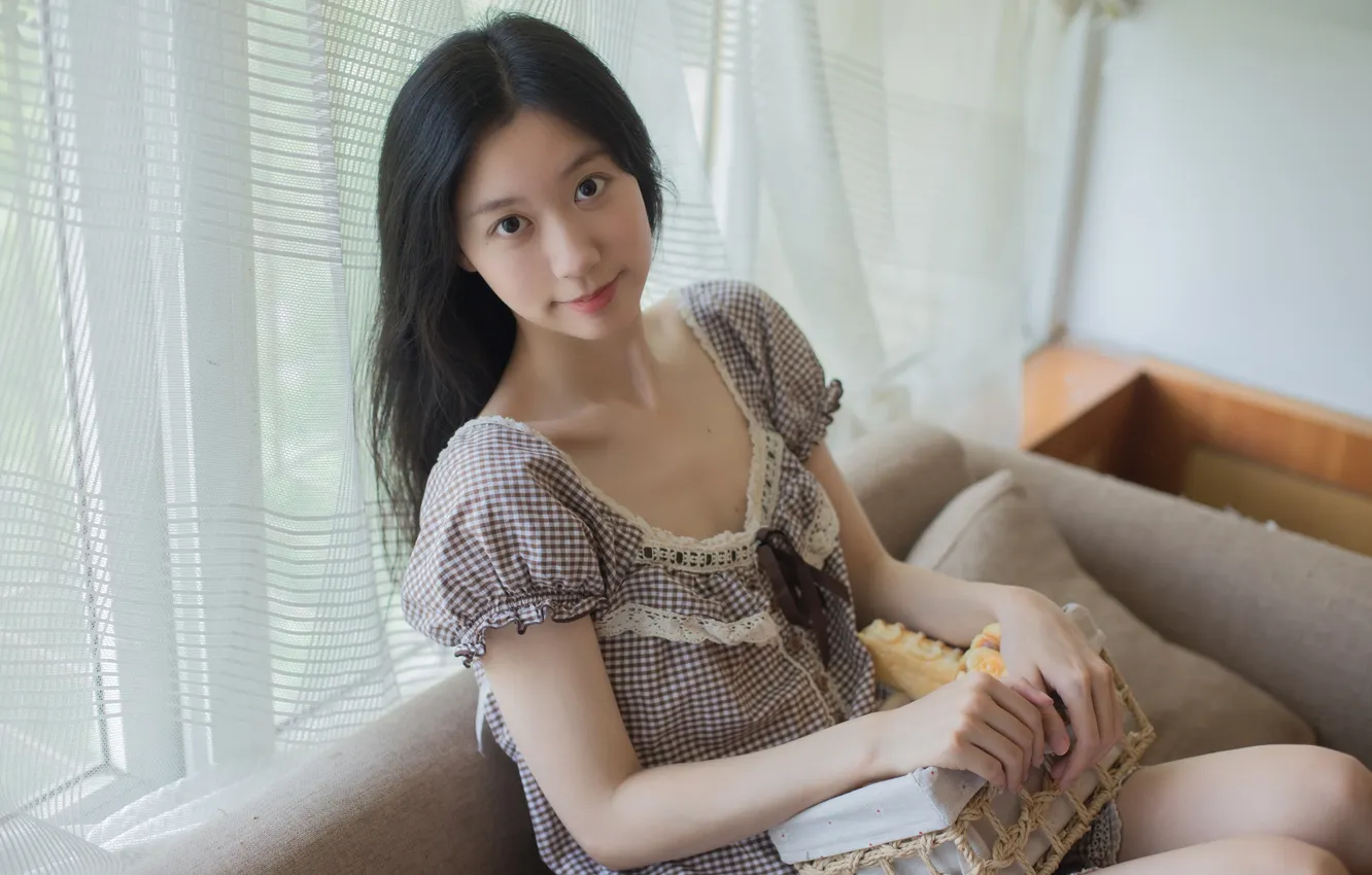 Photo wallpaper woman, food, beautiful, model, pretty, window, asian, sofa
