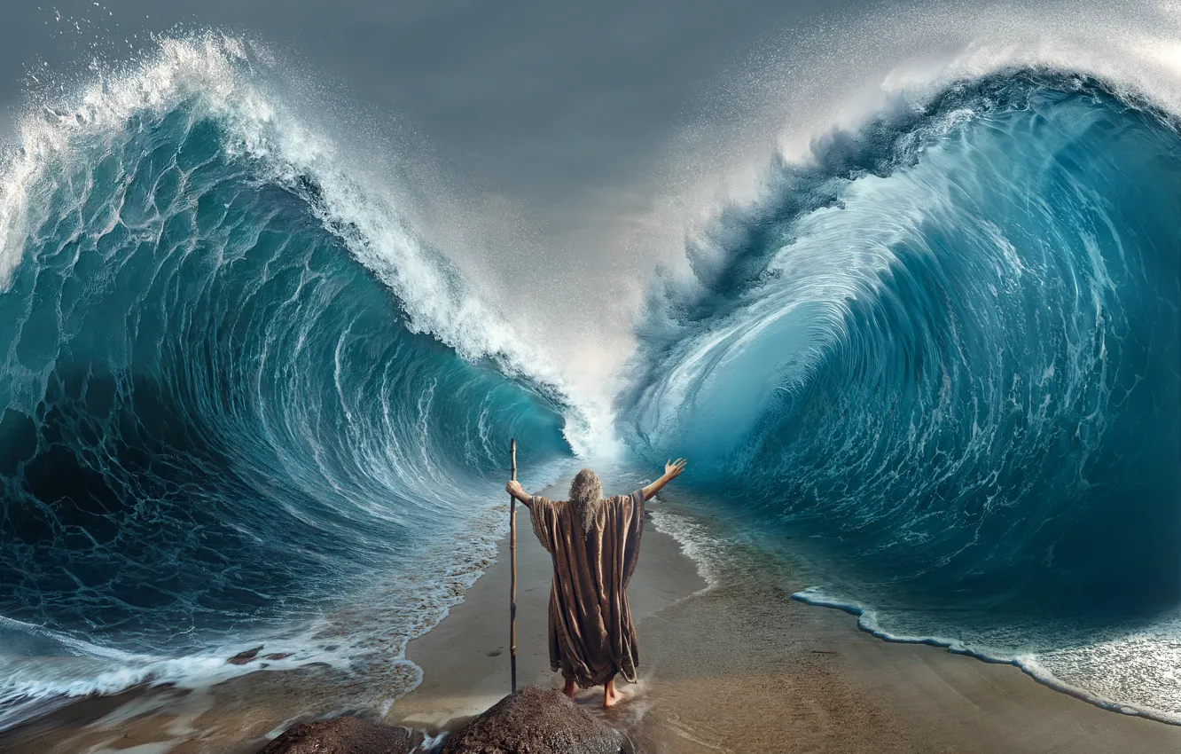 Photo wallpaper sea, wave, staff, religion, Moses, Christian Religion, Faith in God, God's Way