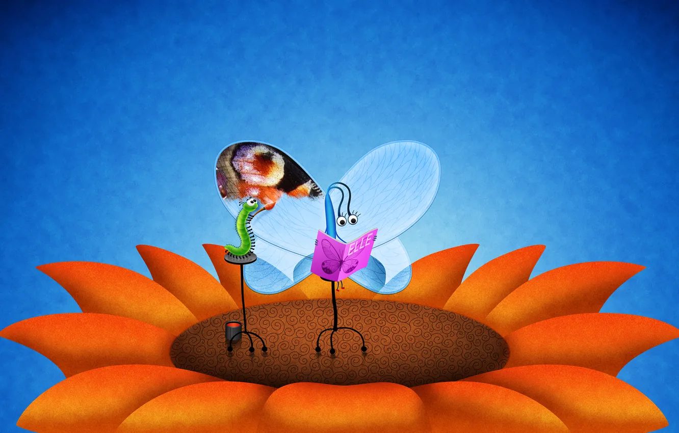 Photo wallpaper flower, caterpillar, butterfly, wings