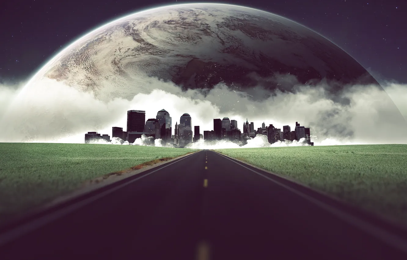 Photo wallpaper road, grass, planet, The city