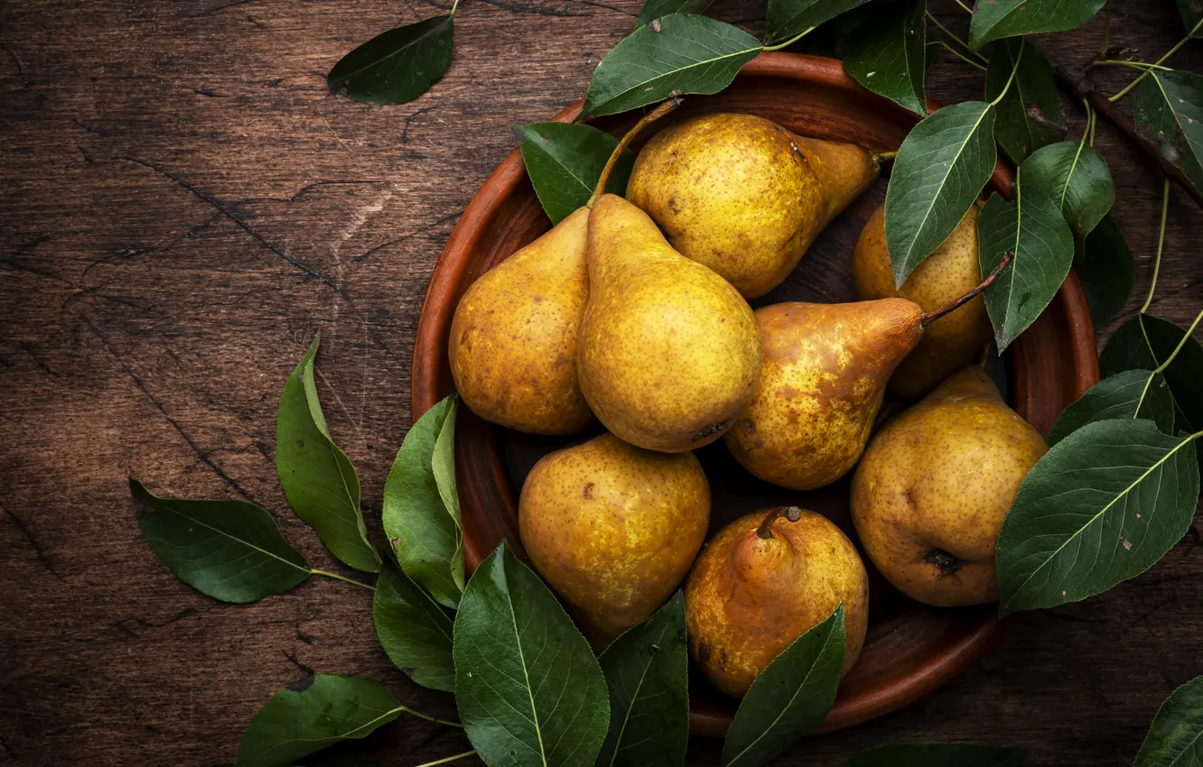 Photo wallpaper leaves, yellow, table, Board, bowl, still life, pear