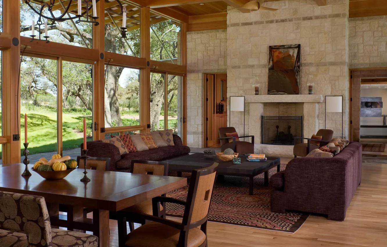 Photo wallpaper design, style, interior, fireplace, living room, dining room, ranch, Hill Country river ranch