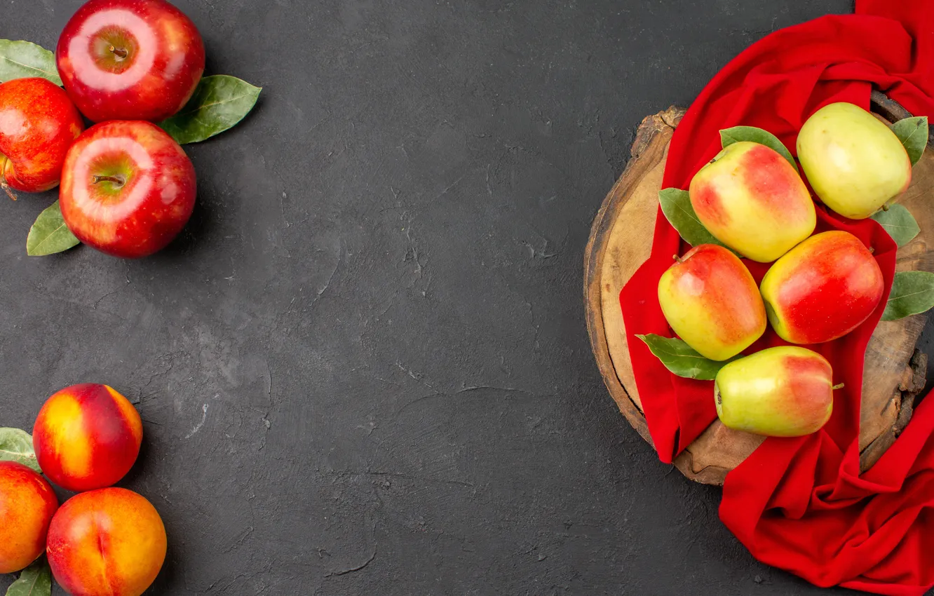 Photo wallpaper leaves, yellow, red, table, apples, towel, fabric, fruit