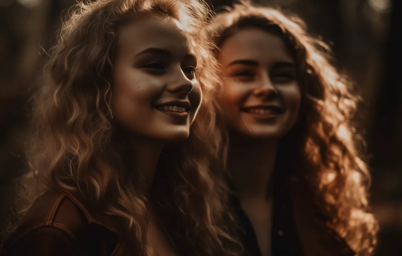 Photo wallpaper look, girl, face, smile, portrait, two girls, curls, dvushka