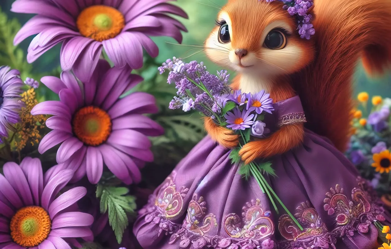 Photo wallpaper dress, protein, girl, cartoon, squirrel, AI art, neural network