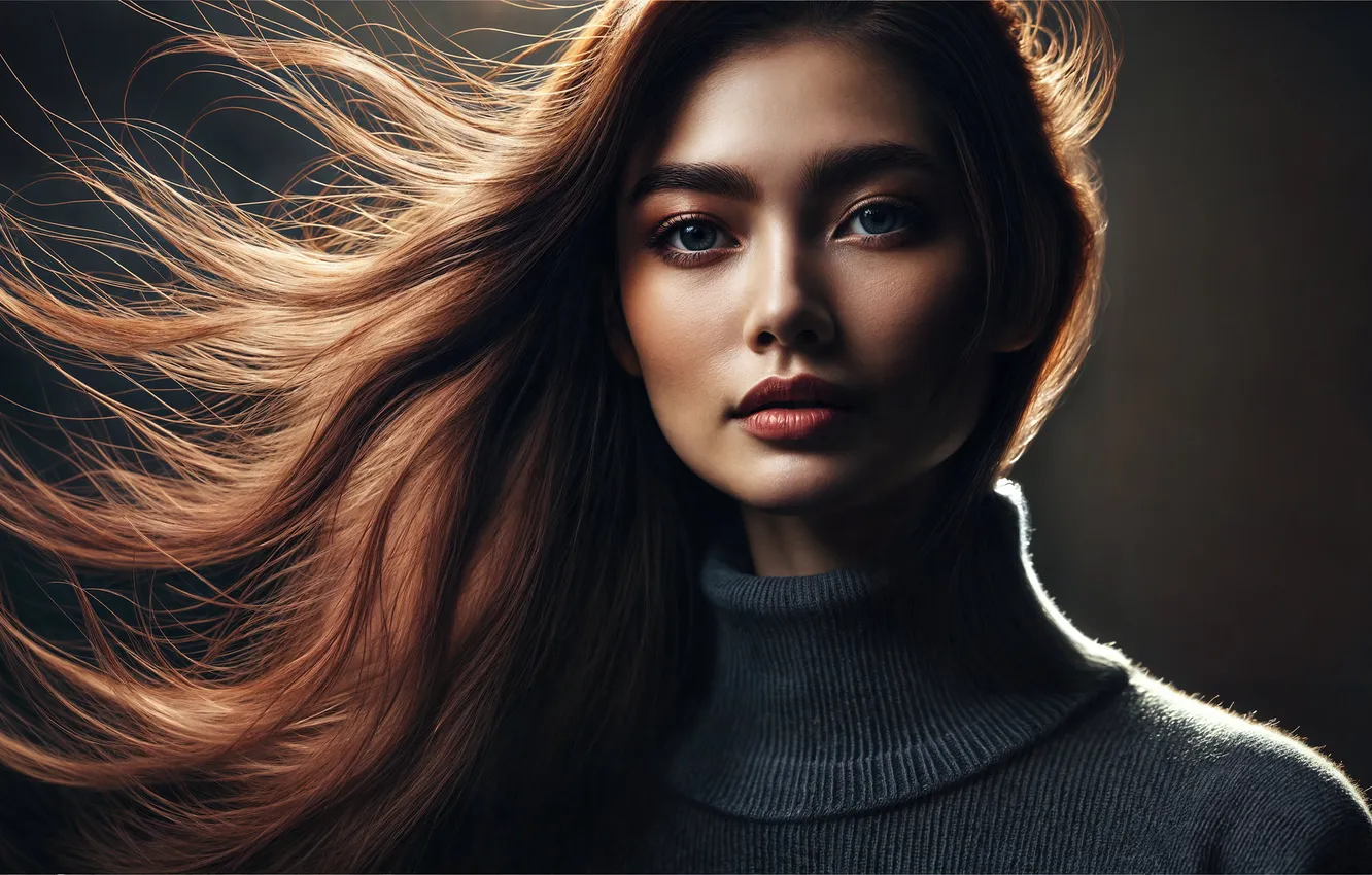 Photo wallpaper look, girl, light, the dark background, grey, portrait, makeup, brown hair