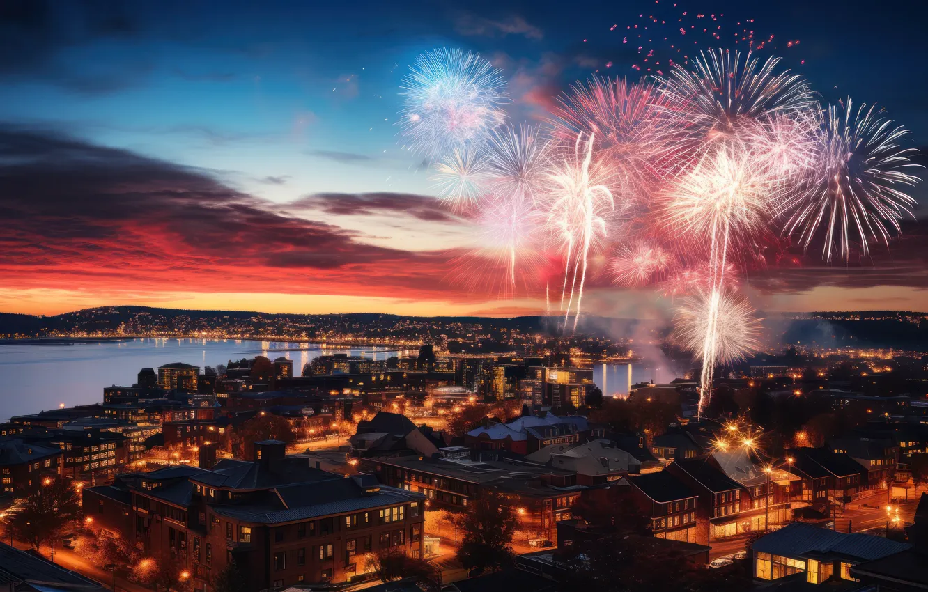 Photo wallpaper night, the city, holiday, salute, fireworks, AI art, neural network