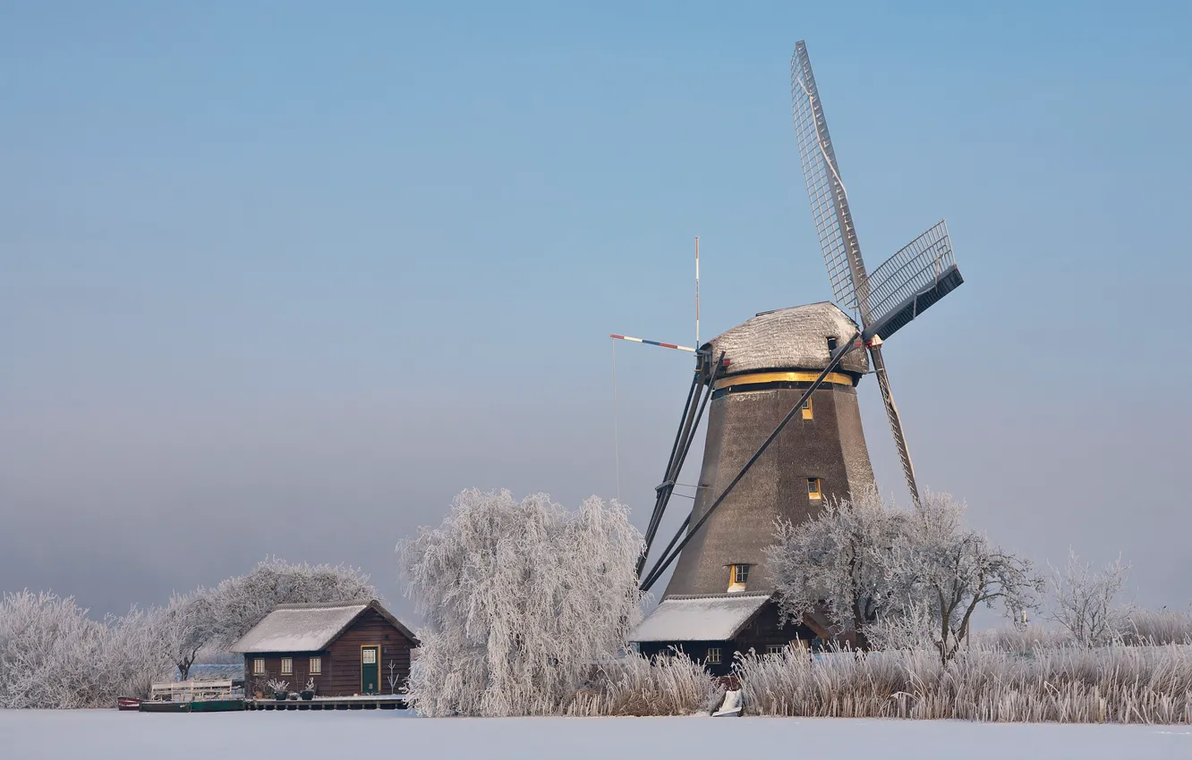 Photo wallpaper winter, Netherlands, windmill, Kinderdijk