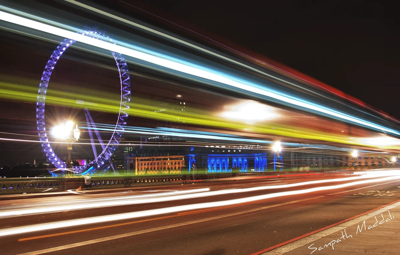 Photo wallpaper night, lights, London, Ferris wheel