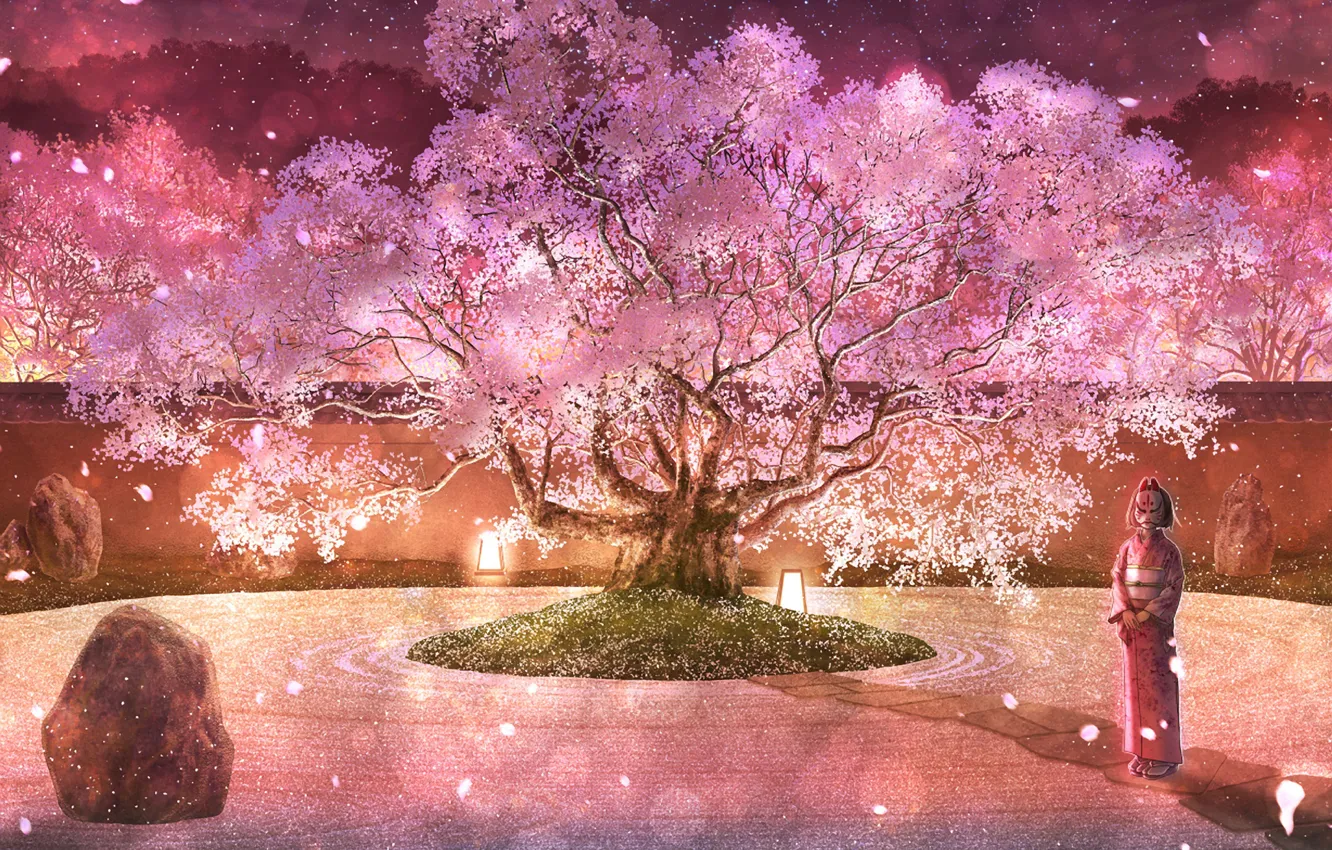 Photo wallpaper tree, Sakura, mask, girl