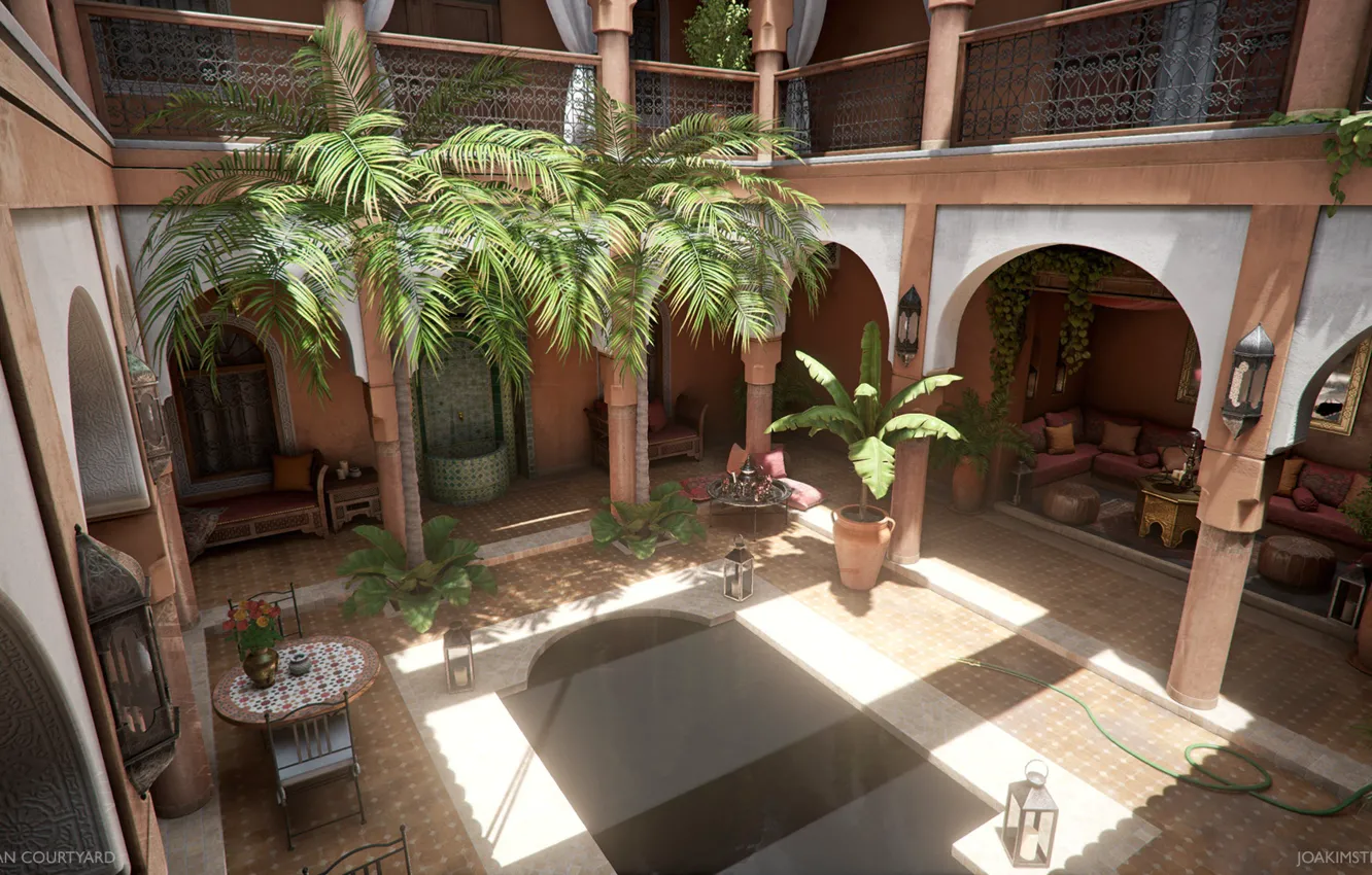 Photo wallpaper comfort, palm trees, yard, decoration, Moroccan Courtyard