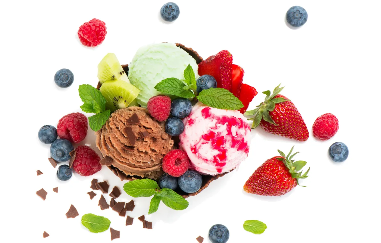 Photo wallpaper berries, raspberry, blueberries, strawberry, ice cream, mint