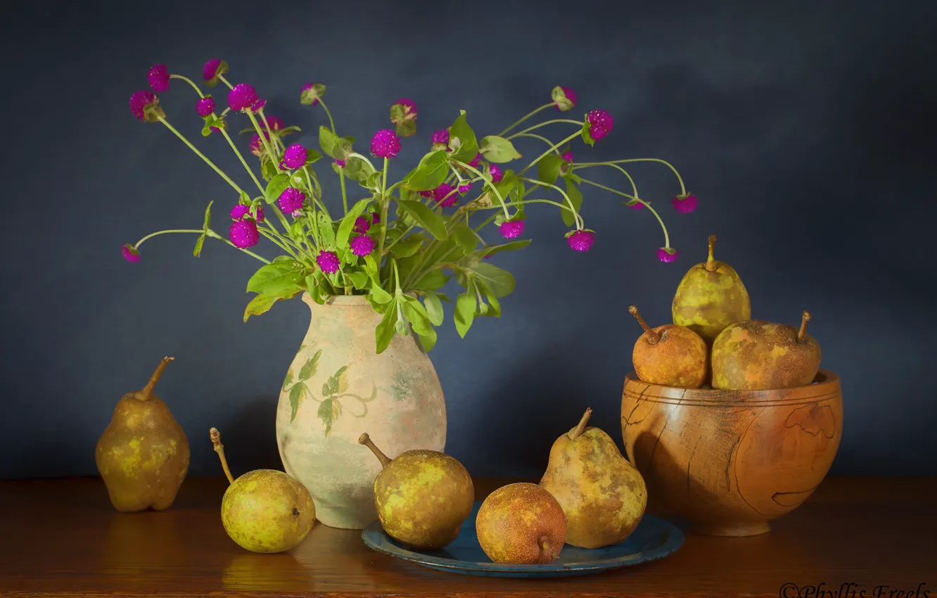 Photo wallpaper flowers, plate, vase, pear, still life