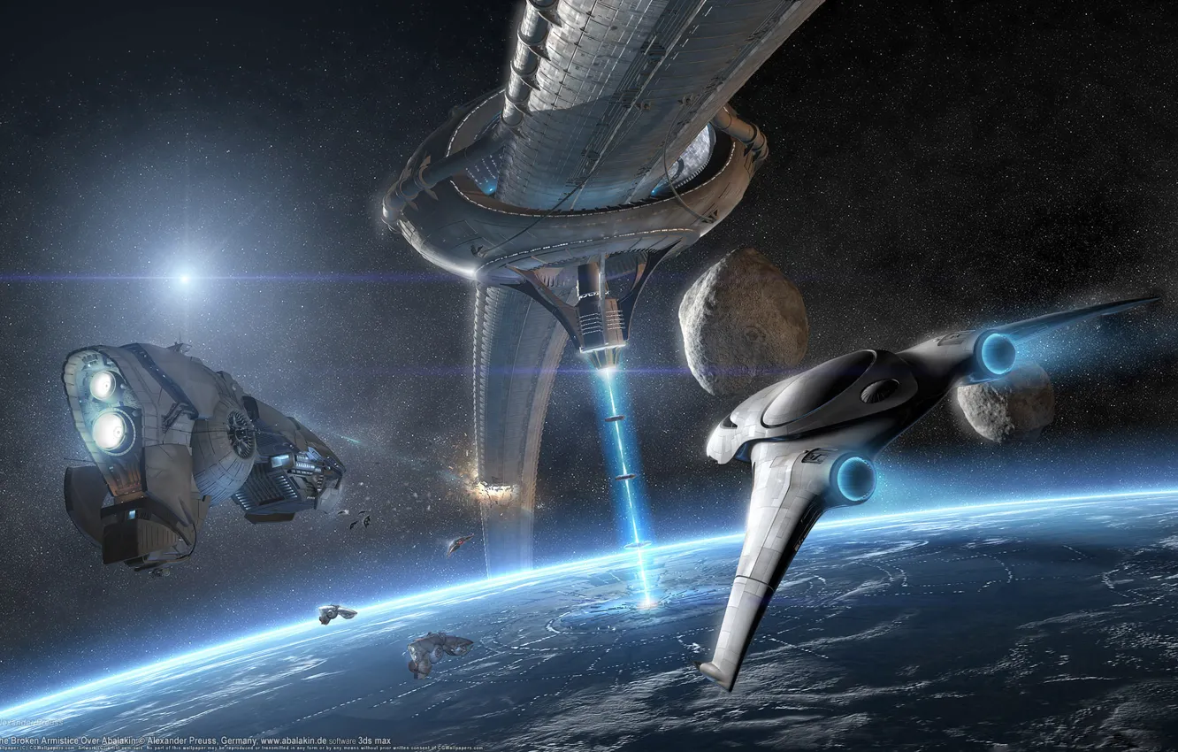 Photo wallpaper background, ship, planet, orbit