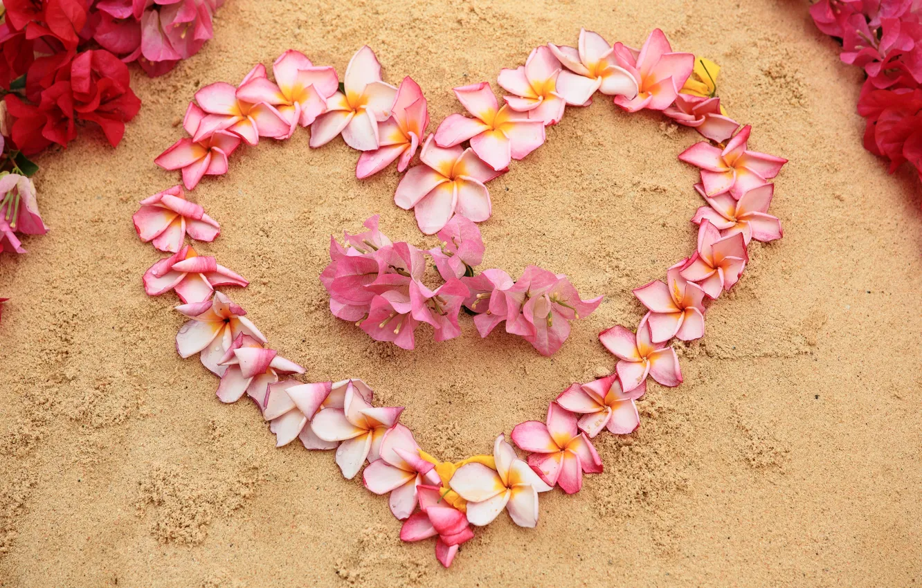 Photo wallpaper sand, beach, flowers, heart, love, beach, heart, pink