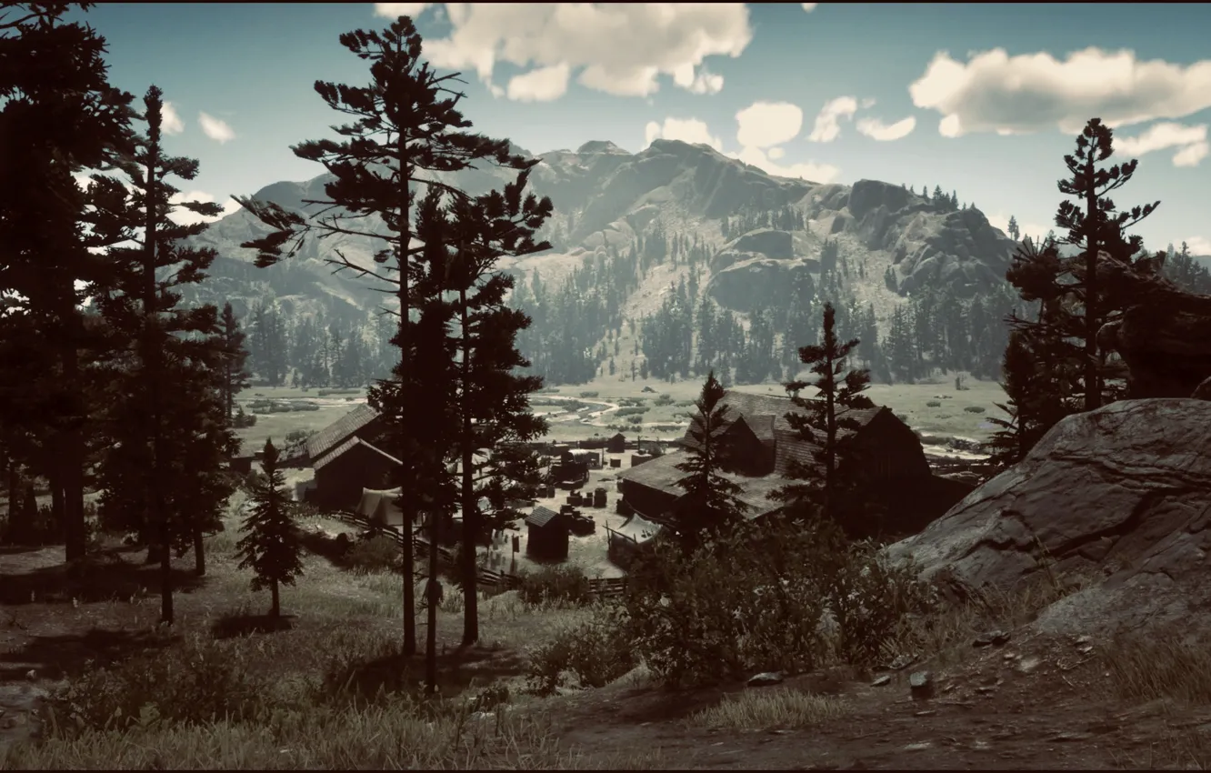 Photo wallpaper HDR, game, sky, wood, clouds, mountain, Range, UHD