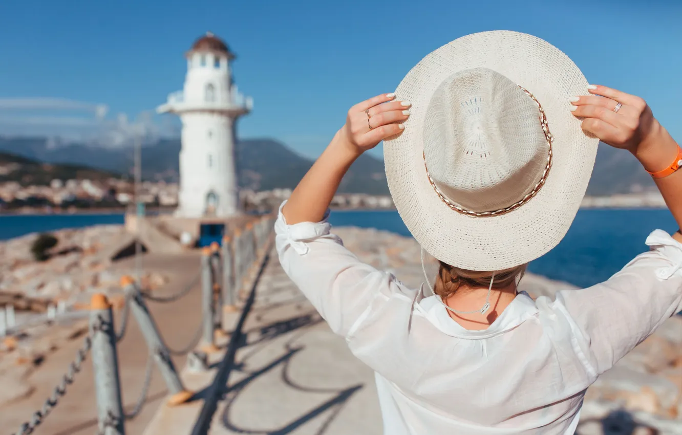 Photo wallpaper sea, girl, back, lighthouse, hat, Ruslan Kid