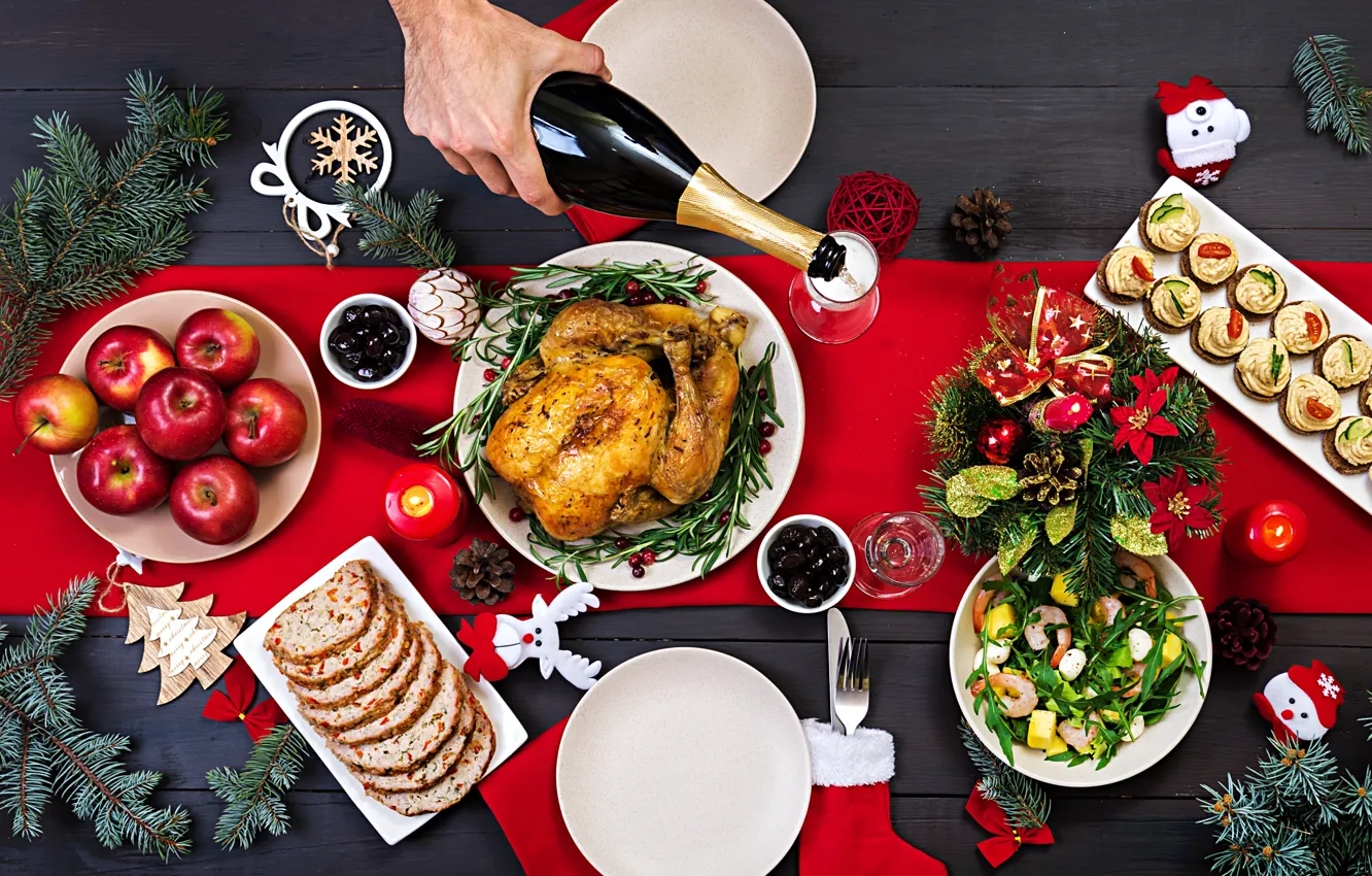 Photo wallpaper greens, table, wine, apples, Board, glass, bottle, new year