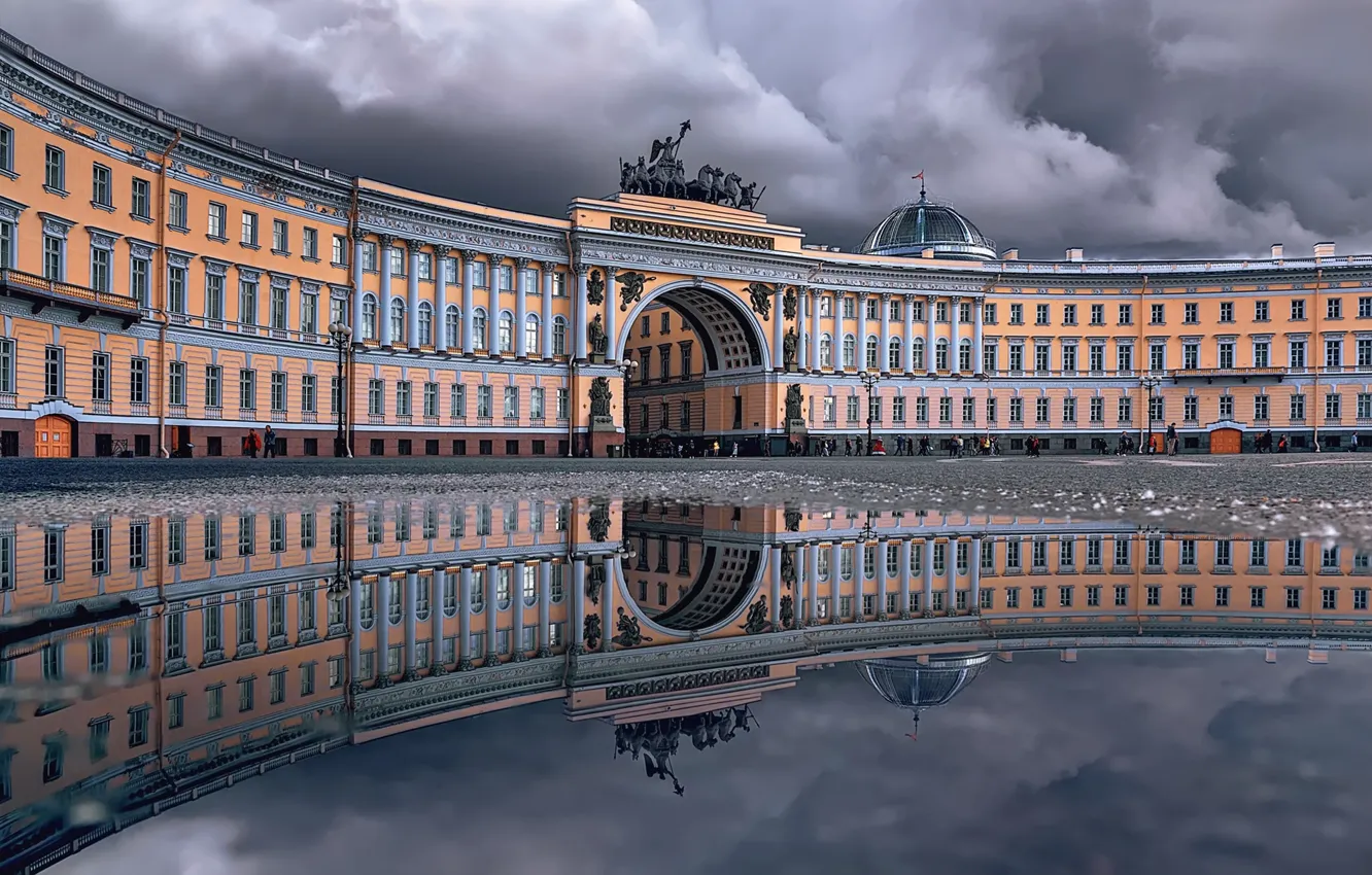 Photo wallpaper reflection, building, puddle, Saint Petersburg, arch, Russia, architecture, Palace square