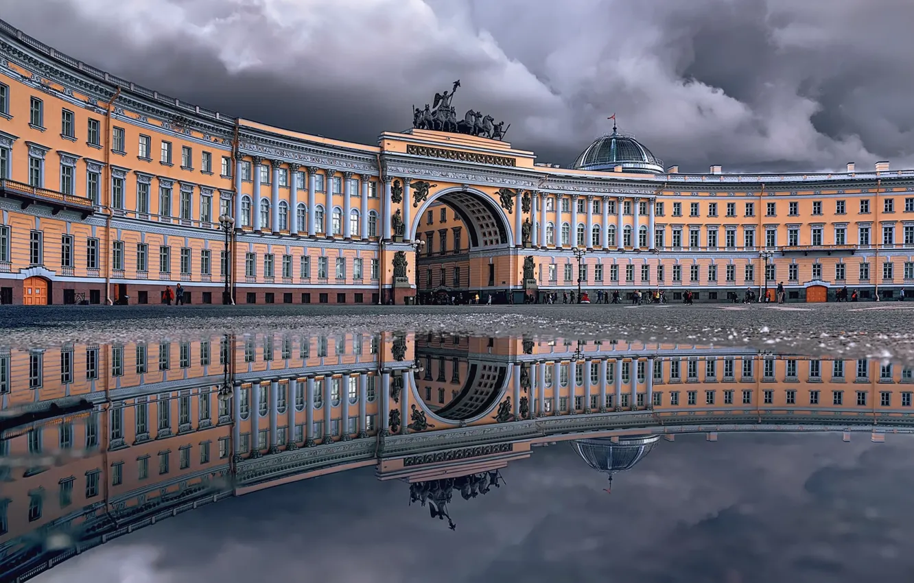 Photo wallpaper reflection, the building, puddle, Saint Petersburg, arch, Russia, architecture, Palace square