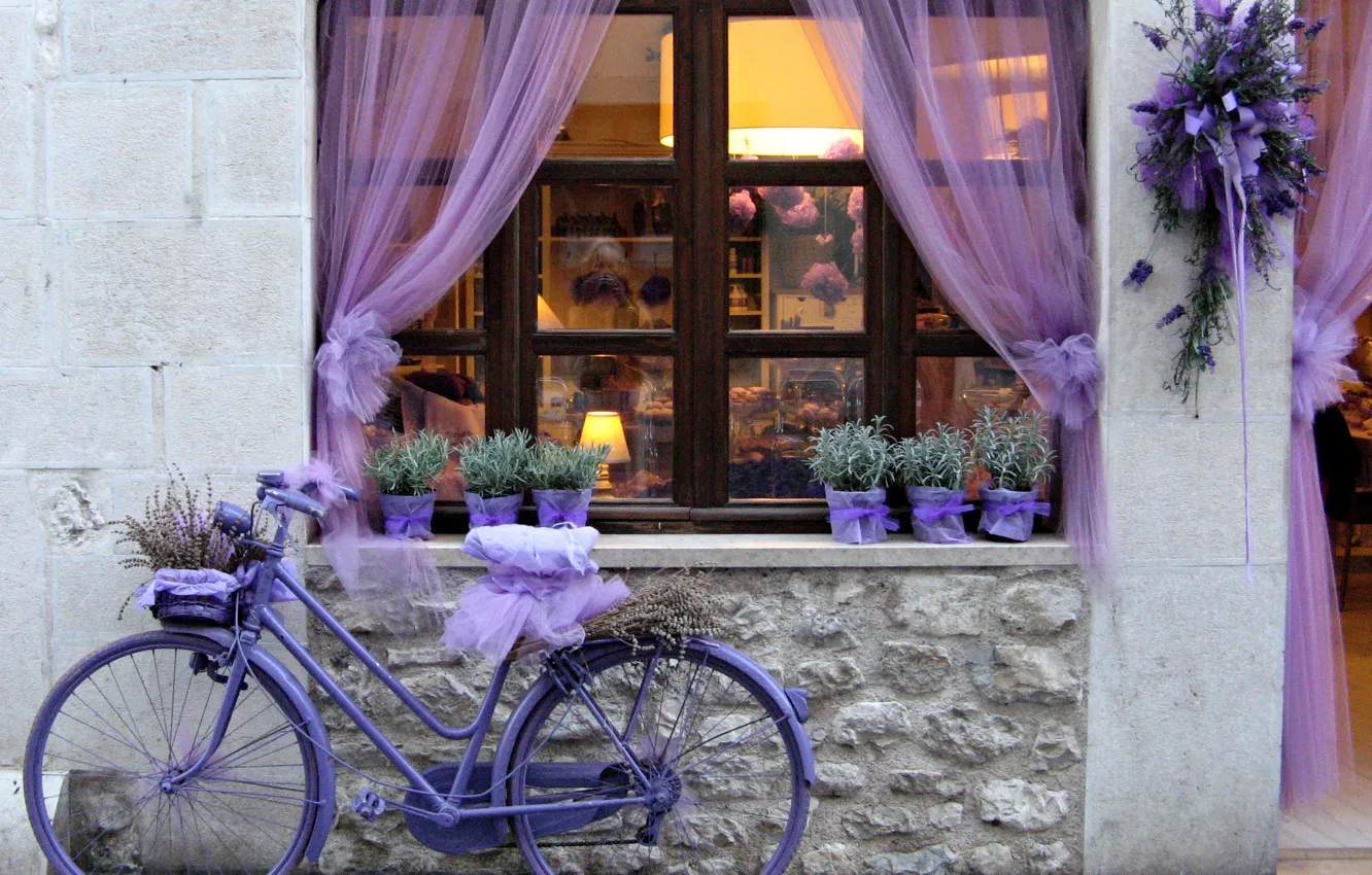 Photo wallpaper purple, flowers, bike, lavender