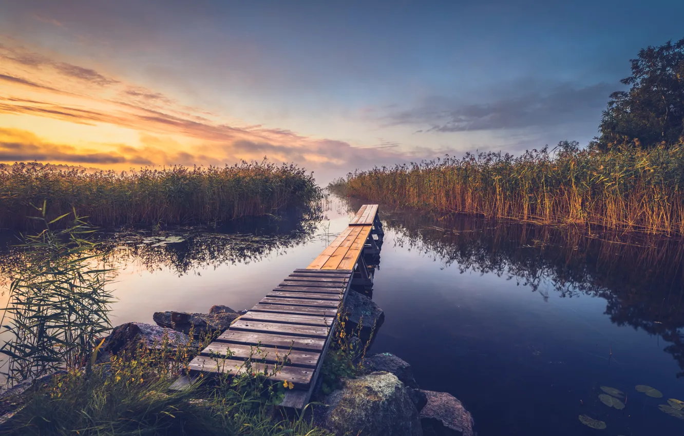 Photo wallpaper summer, the sky, grass, clouds, sunset, lake, reflection, stones