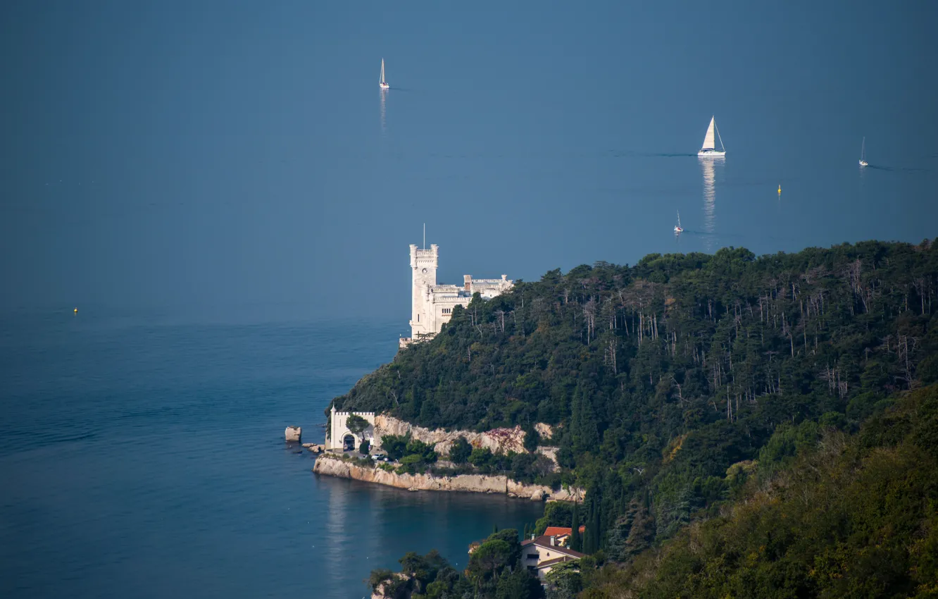 Photo wallpaper sea, yacht, Italy, sail, Trieste, Miramare castle