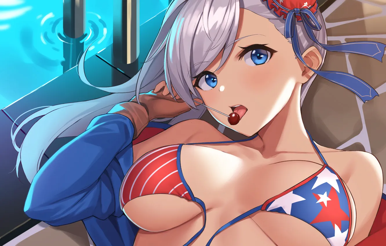 Photo wallpaper girl, sexy, cleavage, long hair, boobs, anime, blue eyes, beautiful