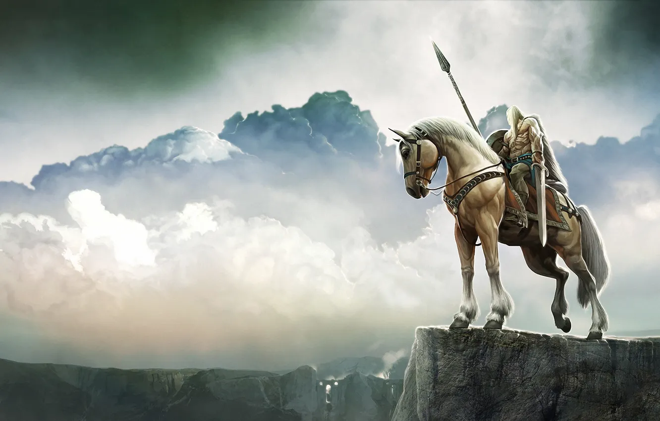 Photo wallpaper landscape, open, horse, height, sword, warrior, art, panorama