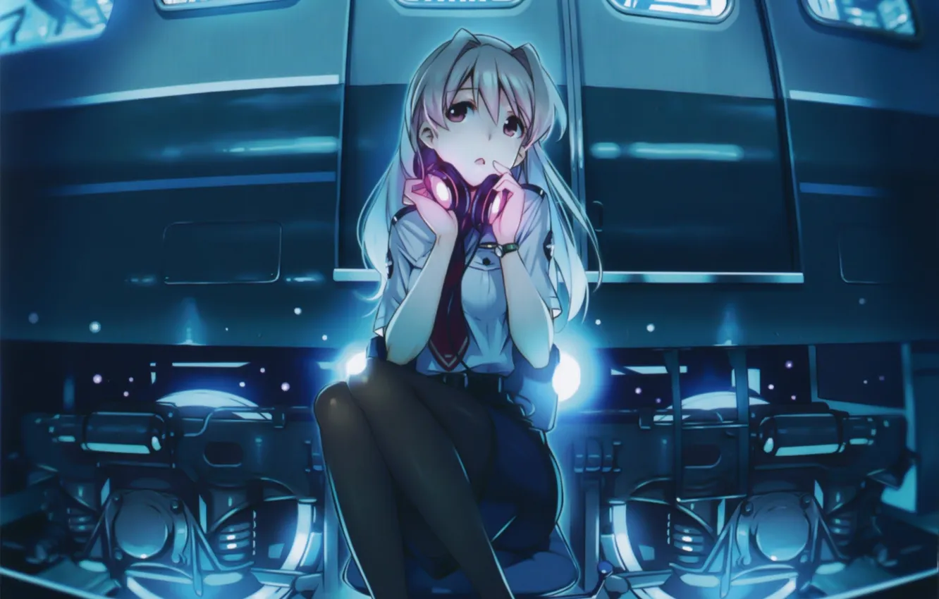 Photo wallpaper girl, music, train, surprise, headphones, form, art, rail wars!