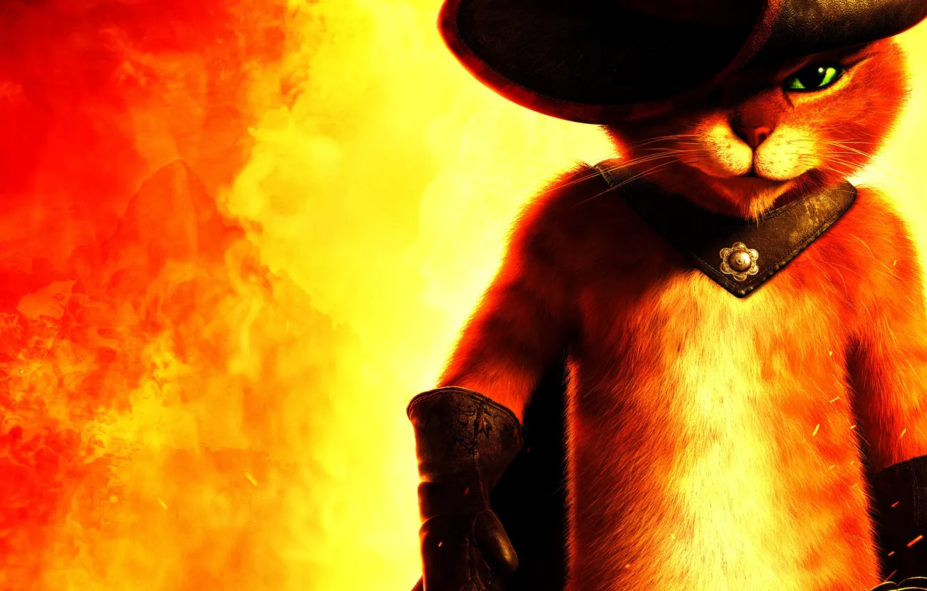 Photo wallpaper red, fire, hat, Puss in boots, Puss in Boots