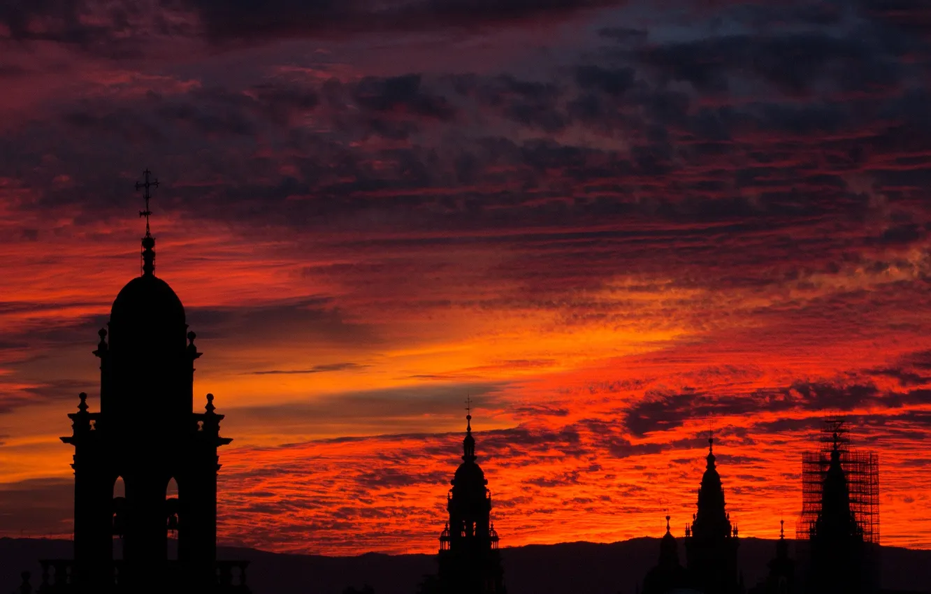 Photo wallpaper the sky, clouds, sunset, the city, tower, silhouette