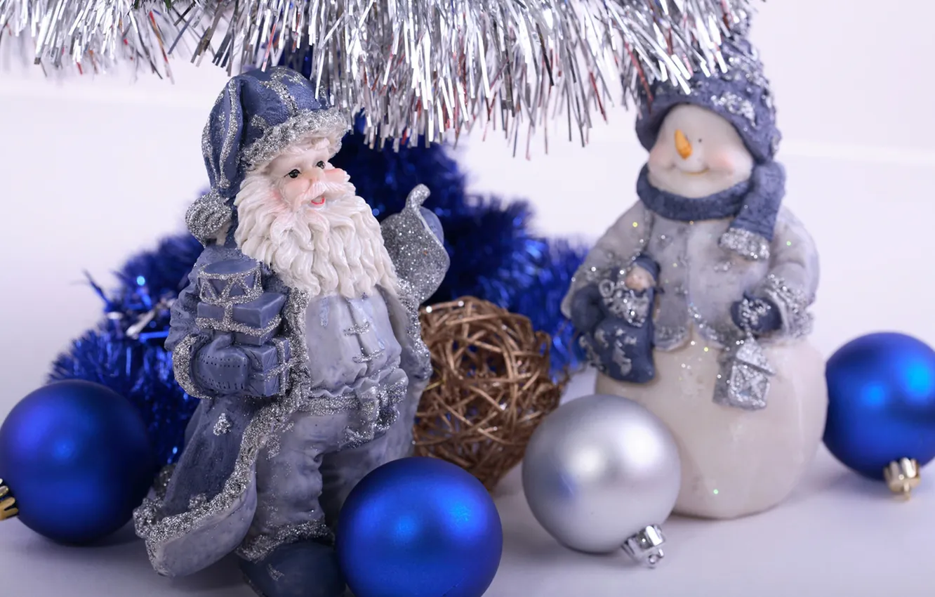 Photo wallpaper blue, balls, silver, tinsel, Santa Claus, Snowman