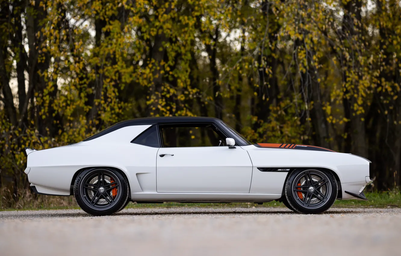 Photo wallpaper Chevrolet, 1969, Camaro, white, forest, road, muscle car, Side