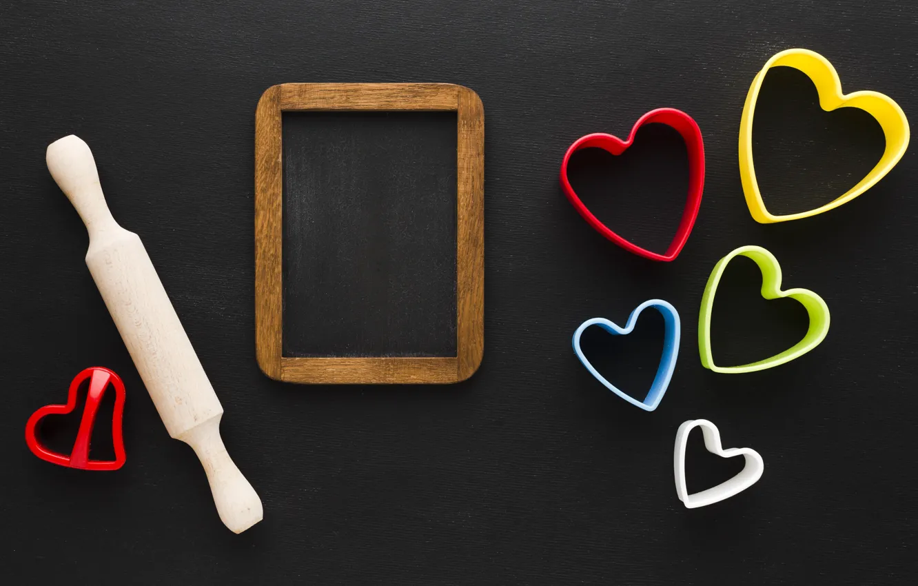 Photo wallpaper table, holiday, heart, frame, hearts, wooden, black background, colorful