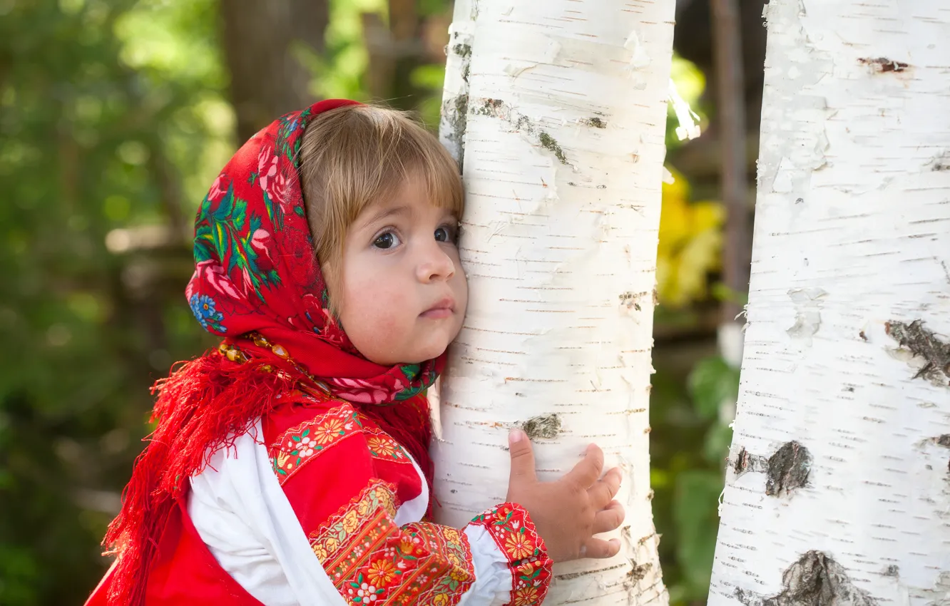 Photo wallpaper summer, dress, girl, outfit, Russia, birch, grove, child