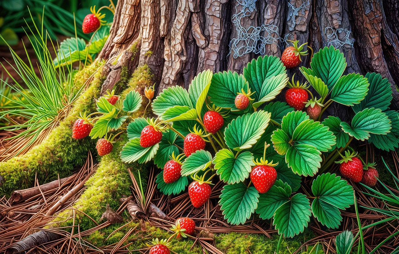 Photo wallpaper trees, neural network, berries, AI art, strawberry