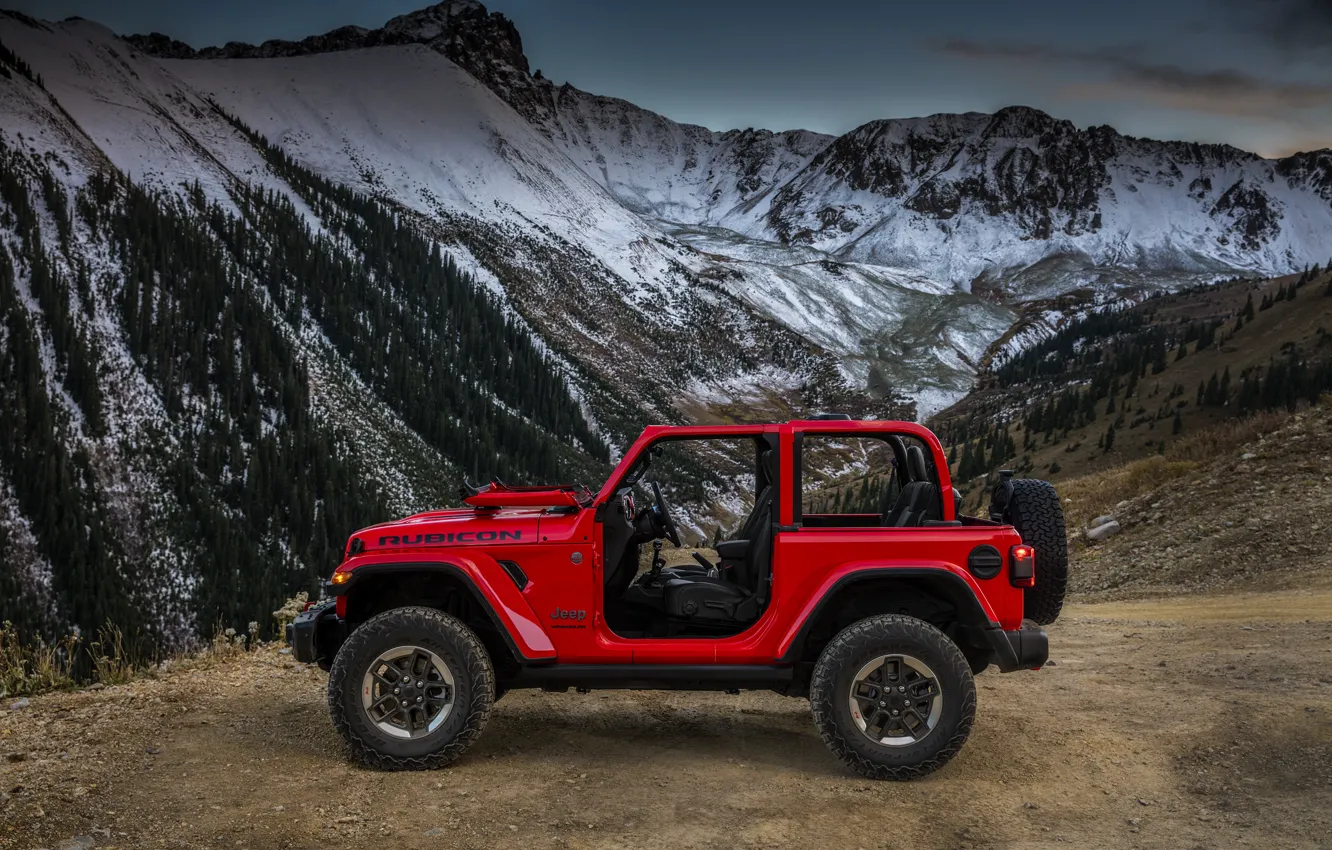 Photo wallpaper mountains, red, Parking, profile, 2018, Jeep, Wrangler Rubicon