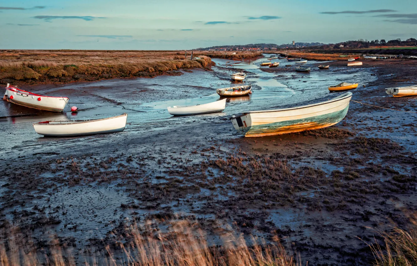 Photo wallpaper the sky, shore, vegetation, boat, dal, dirt, pond, a lot