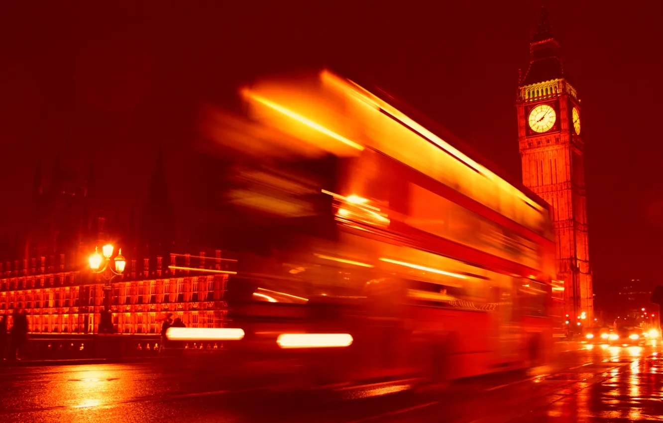 Photo wallpaper night, England, London, Tower, Big Ben, bus, London, England