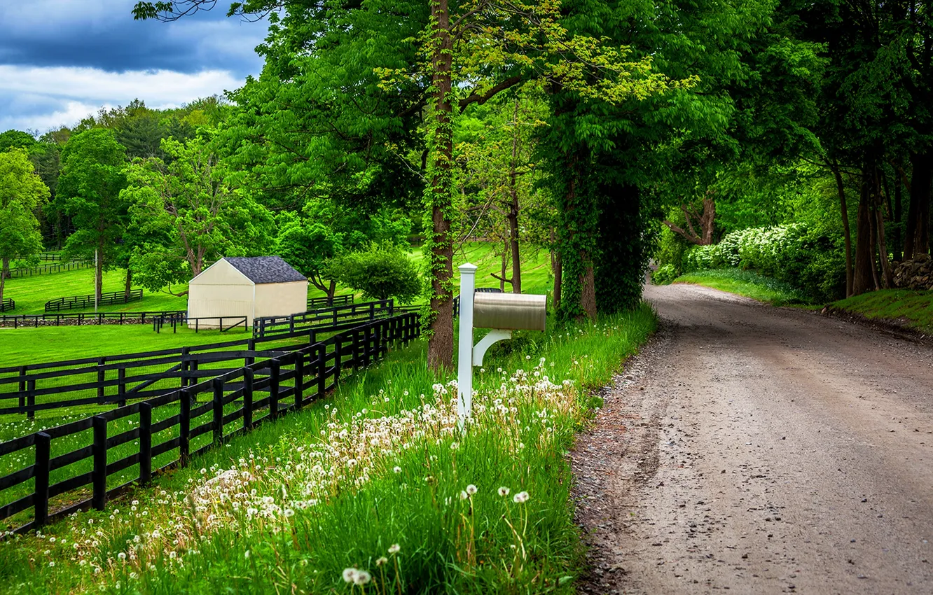 Photo wallpaper road, forest, the sky, clouds, trees, mountains, nature, house