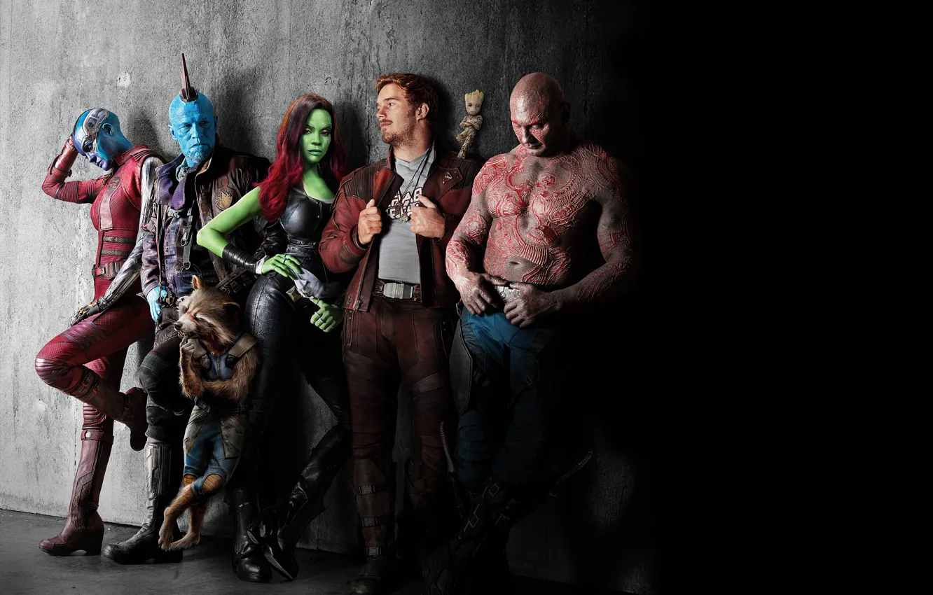 Photo wallpaper Nebula, Zoe Saldana, Rocket Raccoon, Gamora, Groot, Drax, Star Lord, The Destroyer