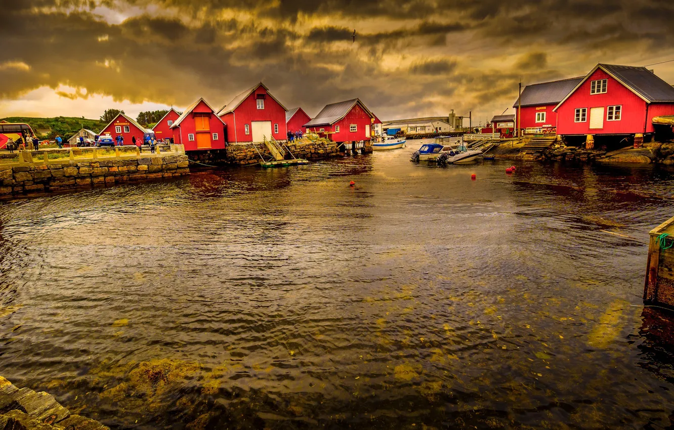 Photo wallpaper sea, clouds, house, Norway, the village
