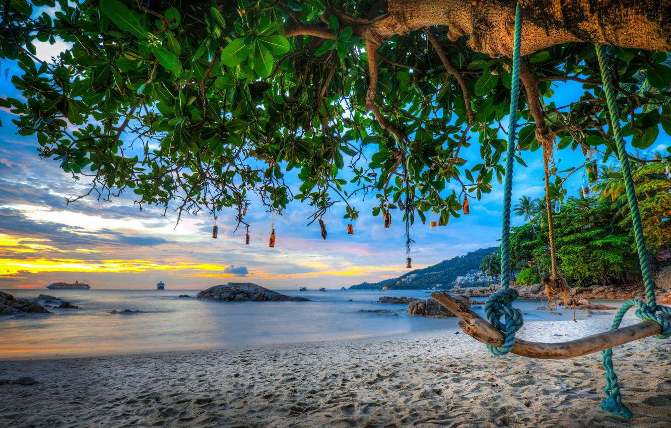 Photo wallpaper sand, sea, beach, trees, swing, coast, bottle, Thailand