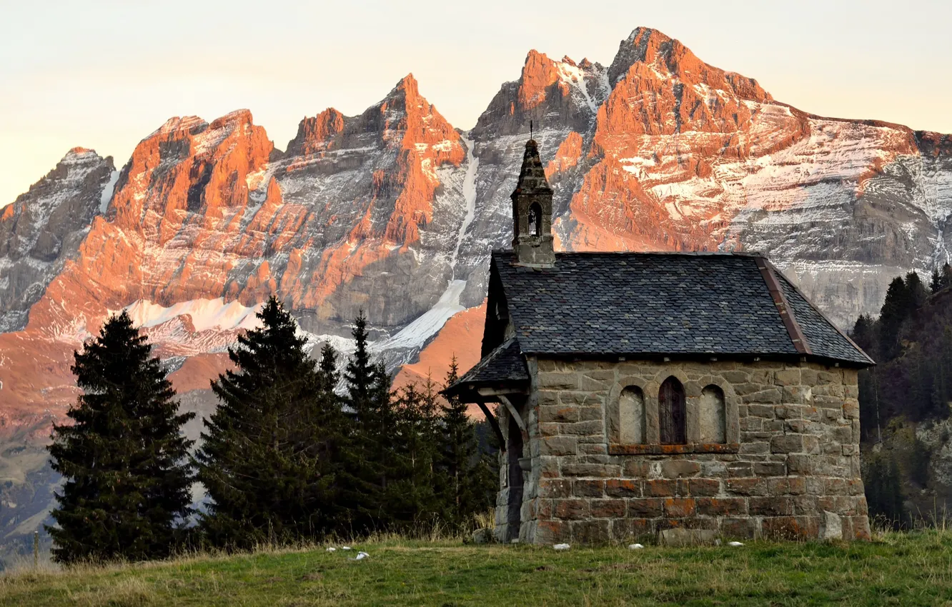 Photo wallpaper autumn, snow, trees, mountains, dawn, Switzerland, Church, twilight