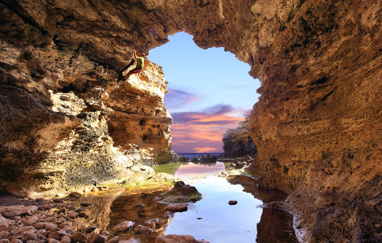 Photo wallpaper sea, rocks, tide, cave, the grotto