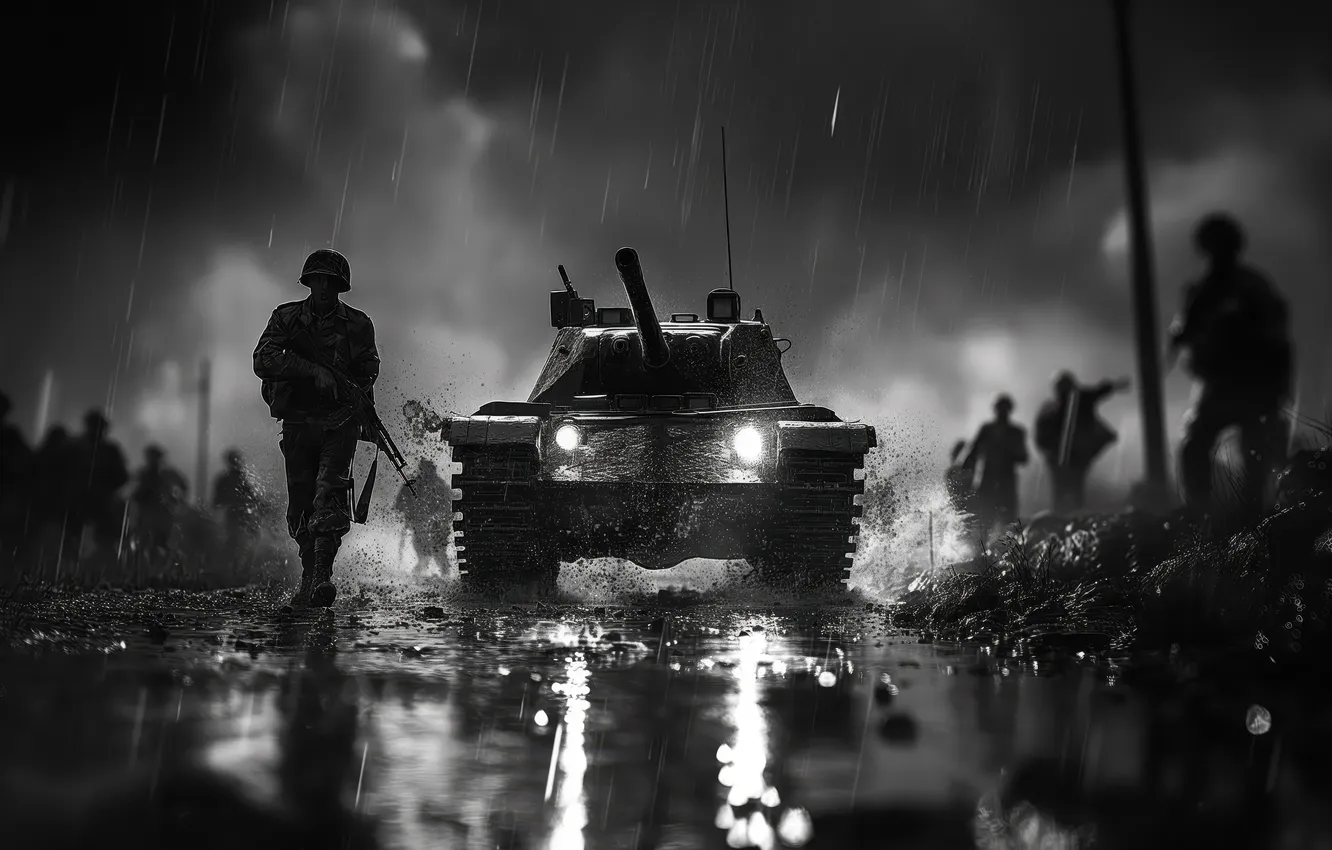 Photo wallpaper night, retro, rain, dirt, soldiers, tank, black and white, digital art